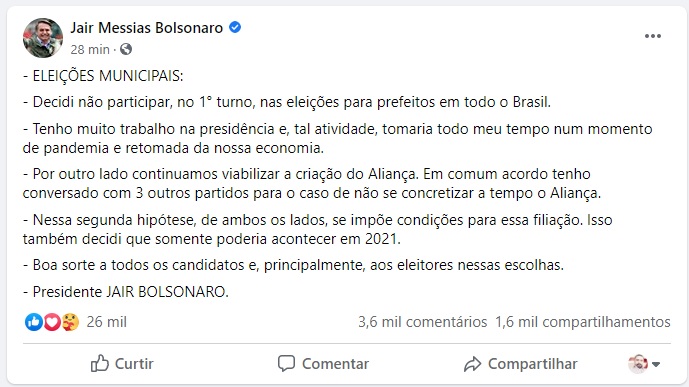 Presidente Jair Bolsonaro se pronuncia sobre Eleições Municipais