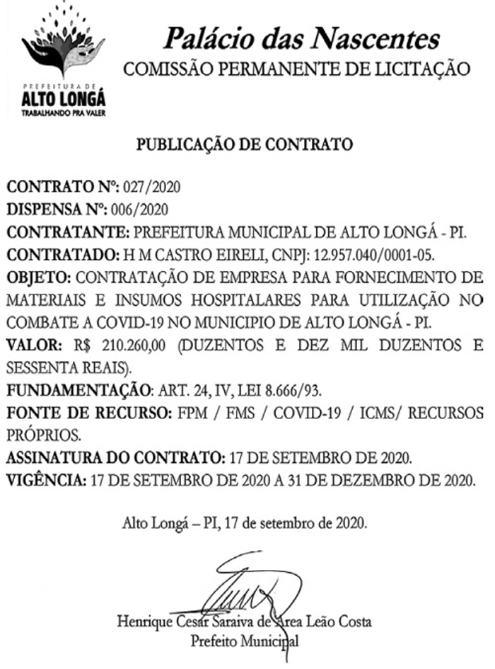 Contrato da prefeitura de Alto Longá.