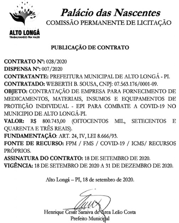 Contrato da prefeitura de Alto Longá.