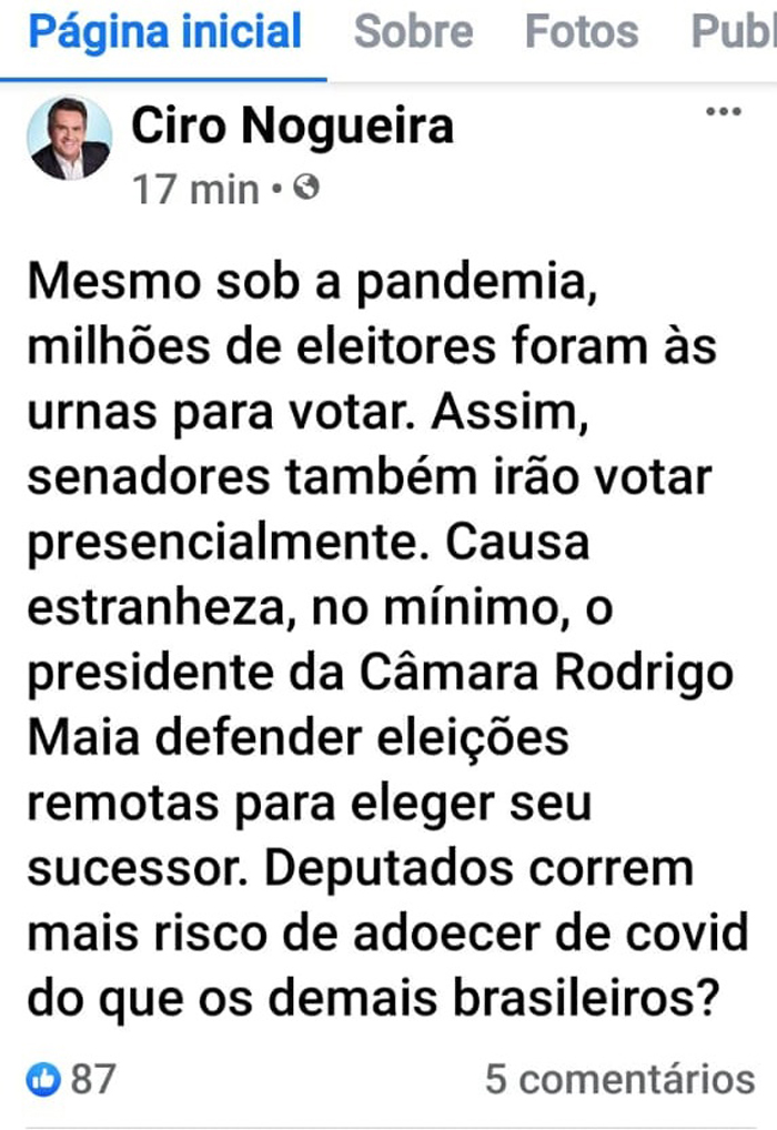 Ciro Nogueira estranha sugestão de Maia sobre eleição remota na Câmara