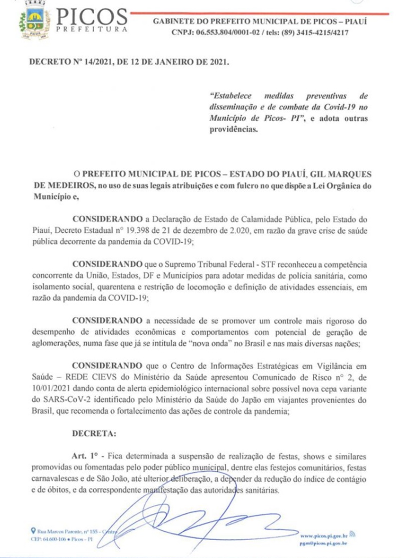 Decreto de suspensão de festas na cidade de Picos.