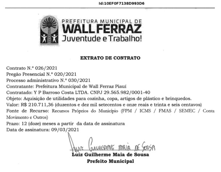 Contrato assinado com a empresa Y P Barroso Costa Ltda.