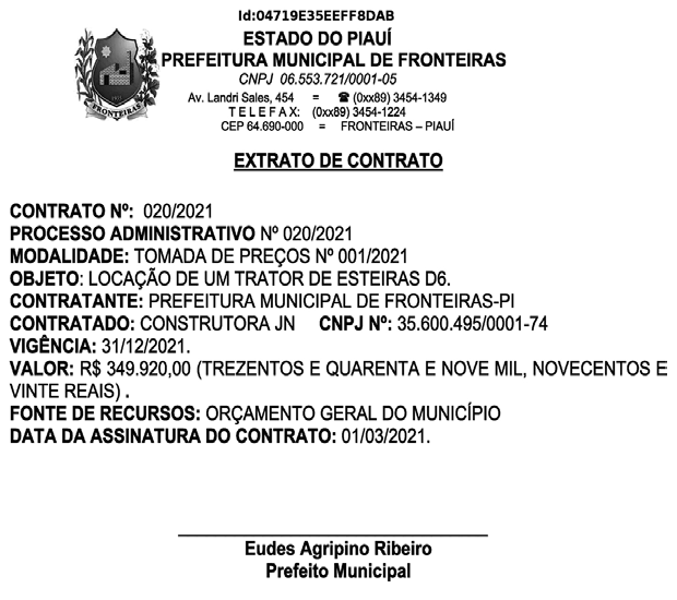 Extrato do contrato firmado pela Prefeitura de Fronteiras com a empresa Construtora JN.