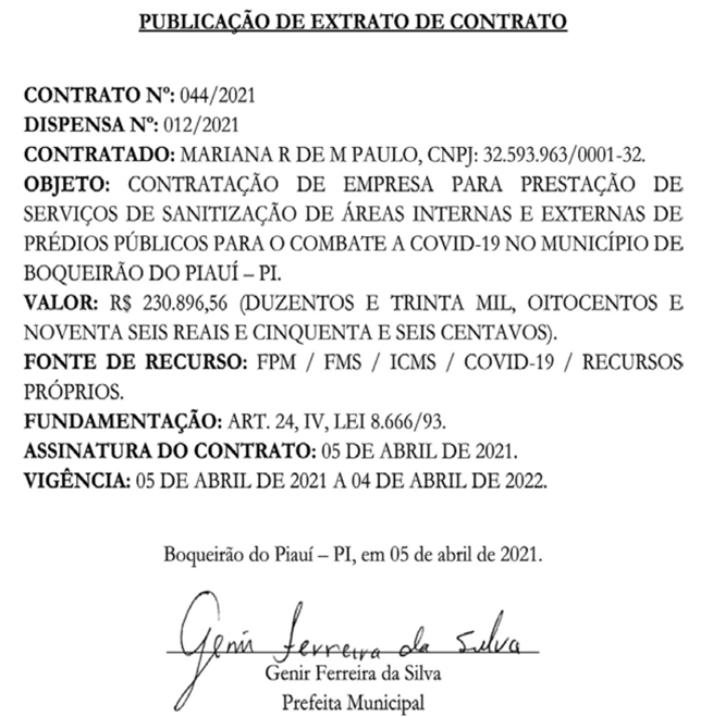 Extrato do contrato firmado pela Prefeitura de Boqueirão do Piauí com a empresa.