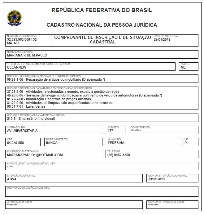Comprovante de inscrição no CNPJ da empresa Mariana R de M Paulo.