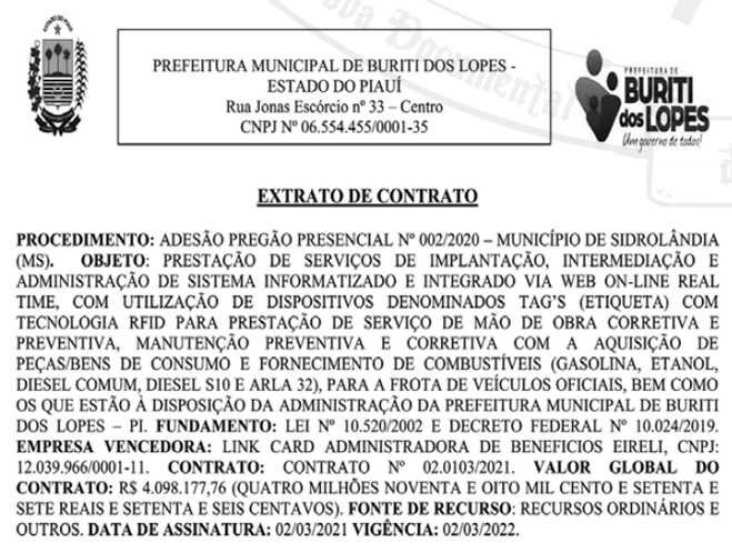 Extrato do contrato firmado pela Prefeitura de Buriti dos Lopes com a empresa.