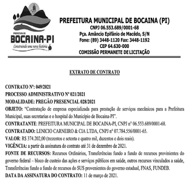 Extrato do contrato firmado pela Prefeitura de Bocaina com a empresa Lenicio Carneiro & Cia.