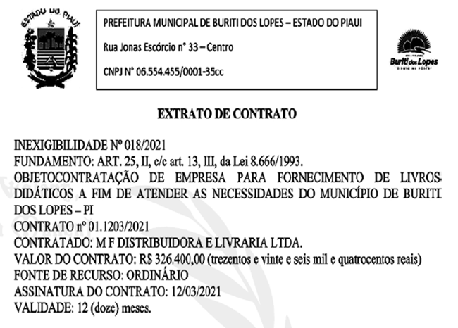 Contrato firmado pela Prefeitura de Buriti dos Lopes com a empresa M F Distribuidora e Livraria Ltda.