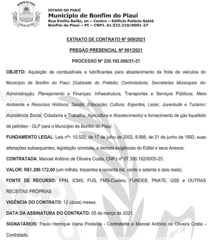 Extrato do contrato firmado pela Prefeitura de Bonfim do Piauí.