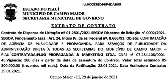 Extrato do contrato firmado pela Prefeitura de Campo Maior com a empresa Plug Propaganda e Marketing Ltda.