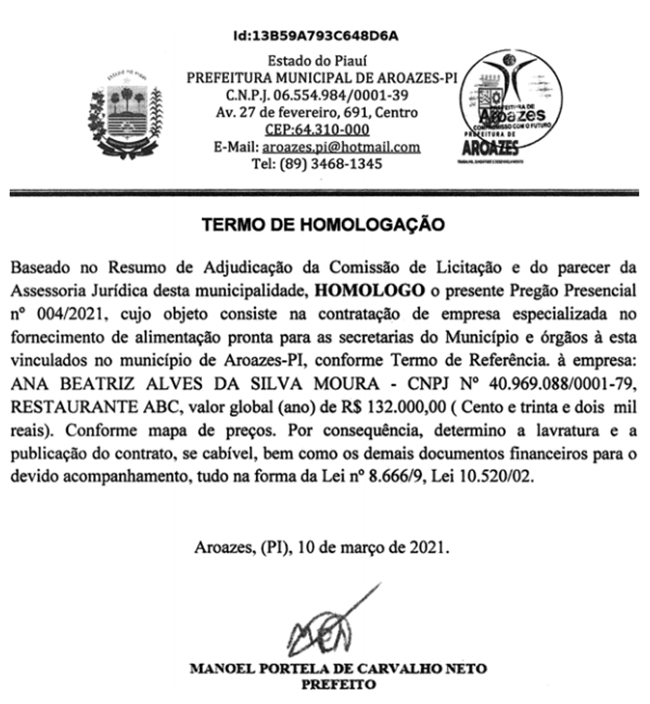 Termo de homologação do contrato assinado pela Prefeitura de Aroazes.