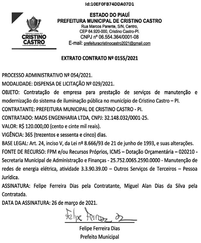 Extrato do contrato firmado pela Prefeitura de Cristino Castro com a empresa.