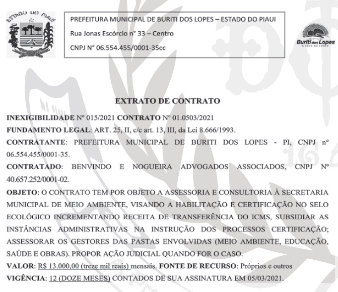 Contrato nº 01.0503/2021 da Prefeitura de Buriti dos Lopes.