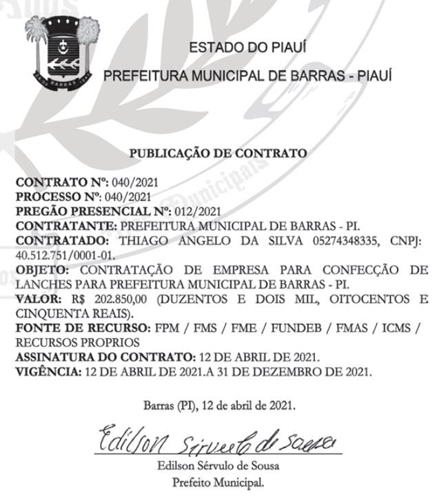 Extrato do contrato firmado pela Prefeitura de Barras com a empresa.