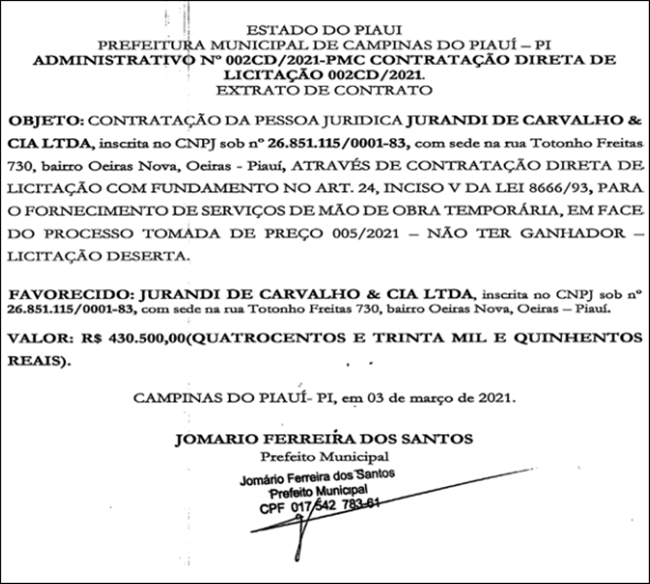 Extrato do contrato nº 002CD/2021 firmado pela Prefeitura de Campinas do Piauí.