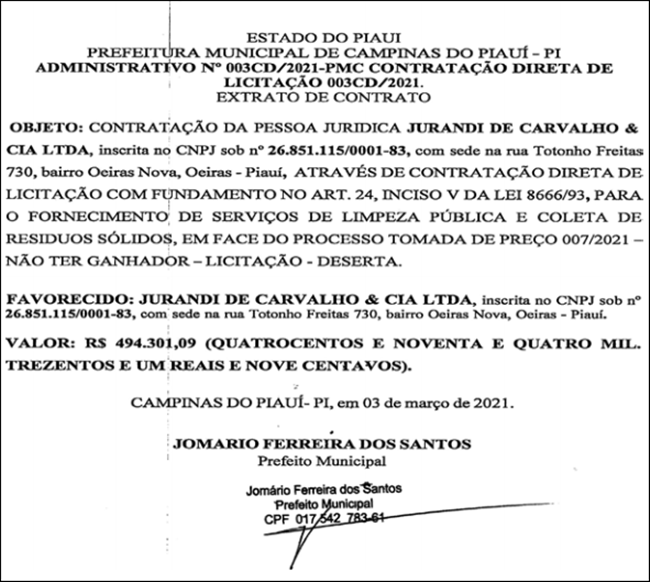 Extrato do contrato nº 003CD/2021 firmado pela Prefeitura de Campinas do Piauí.