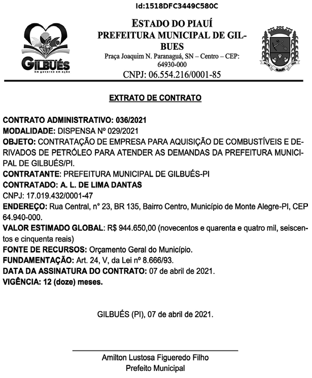 Extrato do contrato firmado com a empresa A. L. de Lima Dantas.