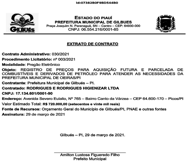 Extrato do contrato firmado com a empresa Rodrigues e Rodrigues Higienizar Ltda.