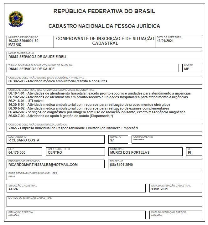 Comprovante de inscrição no CNPJ da empresa RNMS Serviços de Saúde Eireli.