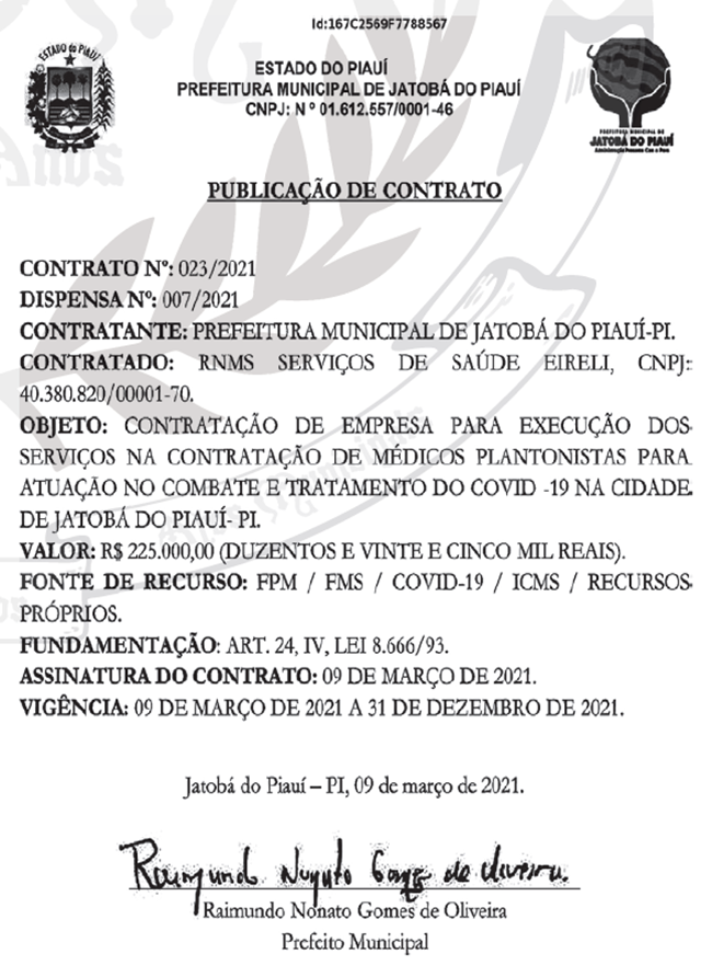 Extrato do contrato firmado pela Prefeitura de Jatobá do Piauí.