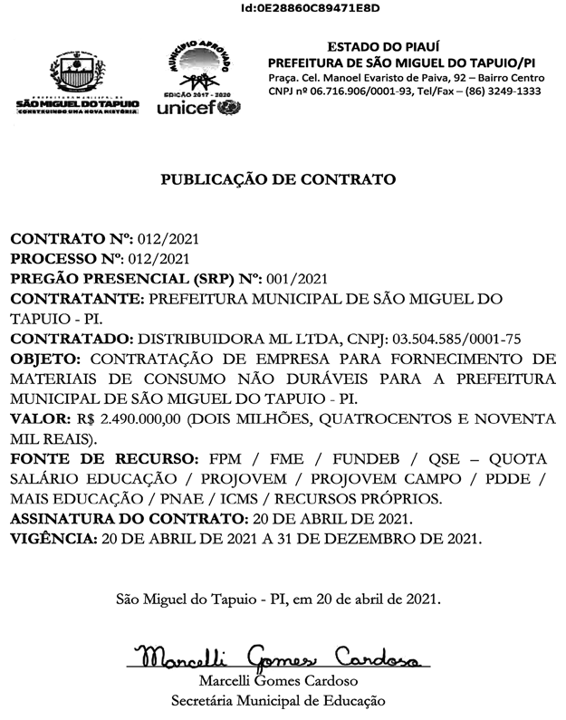 Extrato do contrato firmado pela Prefeitura de São Miguel do Tapuio.