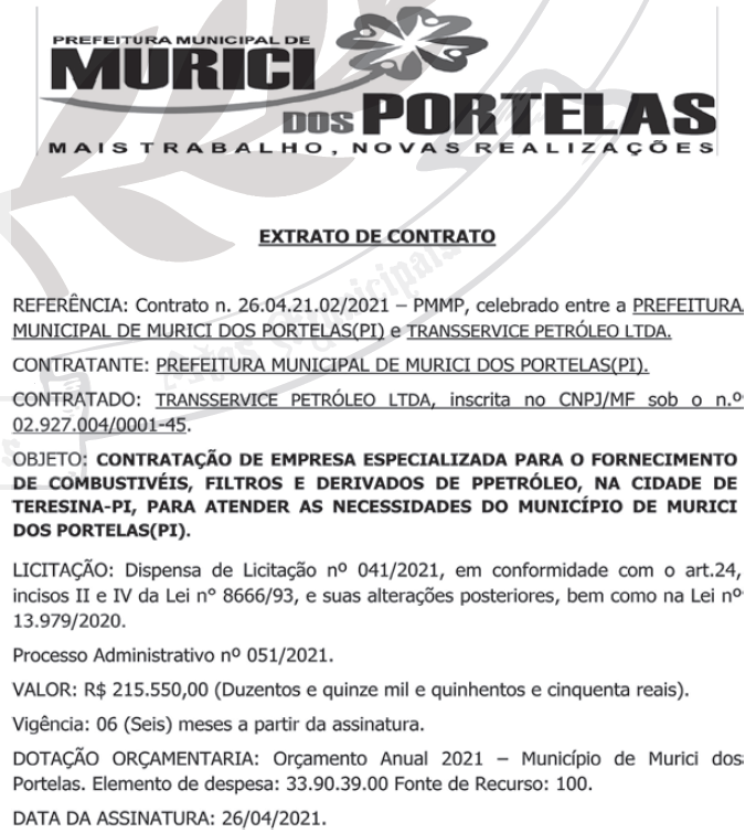 Contrato firmado pela Prefeitura de Murici dos Portelas.