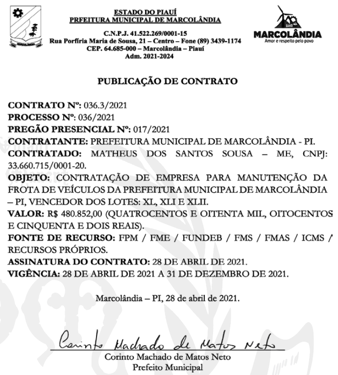 Contrato nº 036.3/2021 da Prefeitura de Marcolândia.