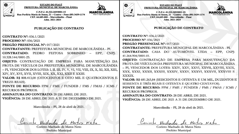 Contratos firmados pela Prefeitura de Marcolândia.
