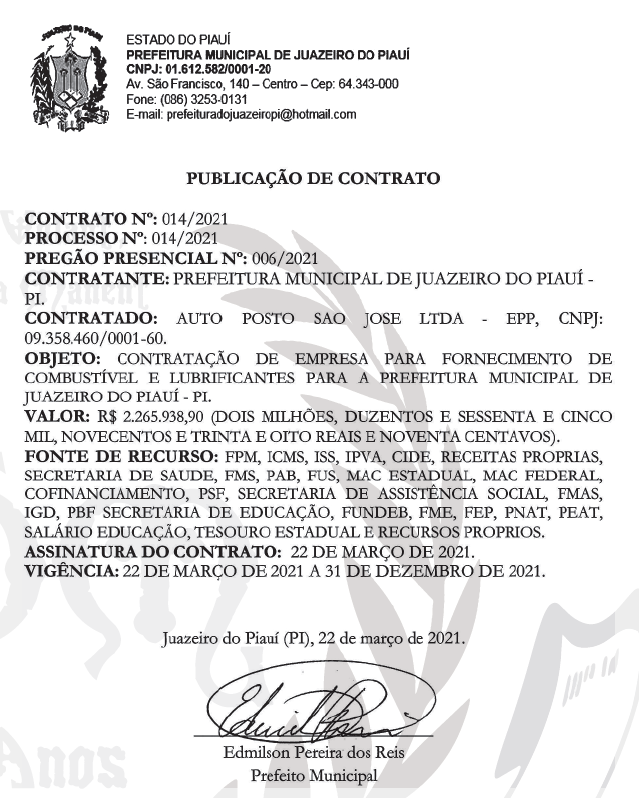 Contrato firmado pela Prefeitura de Juazeiro do Piauí.