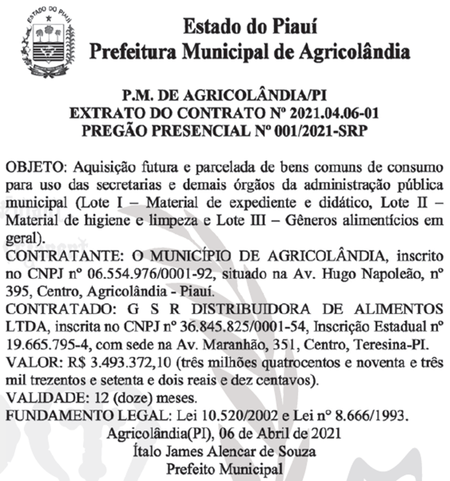 Extrato do contrato firmado pela Prefeitura de Agricolândia.