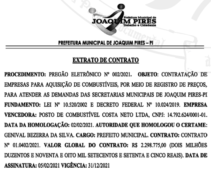 Extrato do contrato firmado pela Prefeitura de Joaquim Pires.