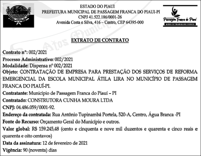 Extrato do contrato firmado pela Prefeitura de Passagem Franca do Piauí.
