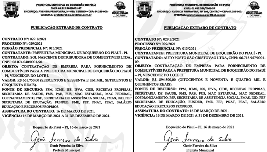 Extrato dos contratos firmados pela Prefeitura de Boqueirão do Piauí.