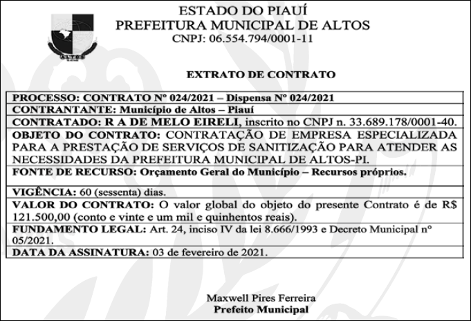 Extrato do contrato firmado pela Prefeitura de Altos.