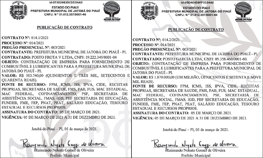 Contratos firmados pela Prefeitura de Jatobá do Piauí.