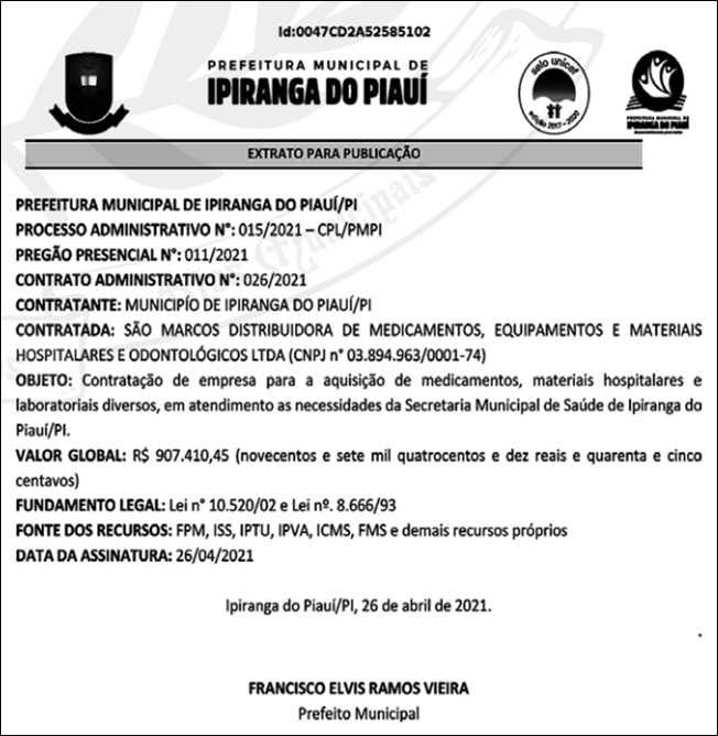 Contrato Administrativo nº 026/2021, firmado pela Prefeitura de Ipiranga do Piauí.