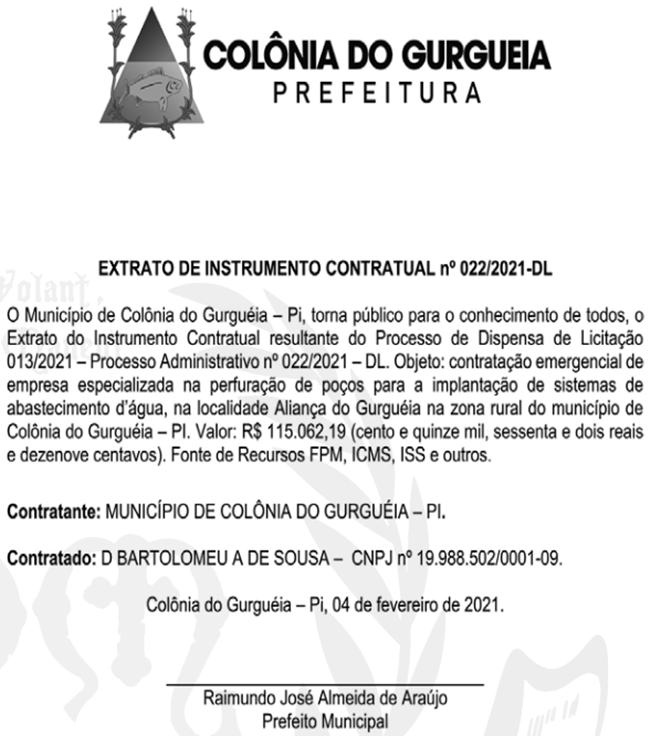 Contrato firmado pela Prefeitura de Colônia do Gurgueia.