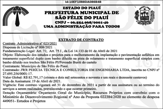 Contrato firmado pela Prefeitura de São Félix do Piauí.