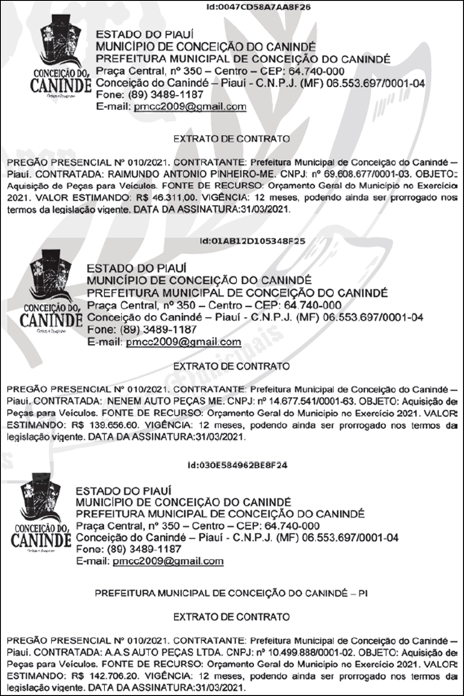 Contratos firmados pela Prefeitura de Conceição do Canindé.