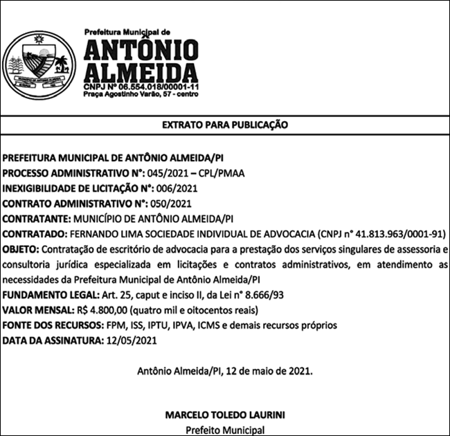 Contrato feito pela Prefeitura de Antônio Almeida com o escritório de advocacia.
