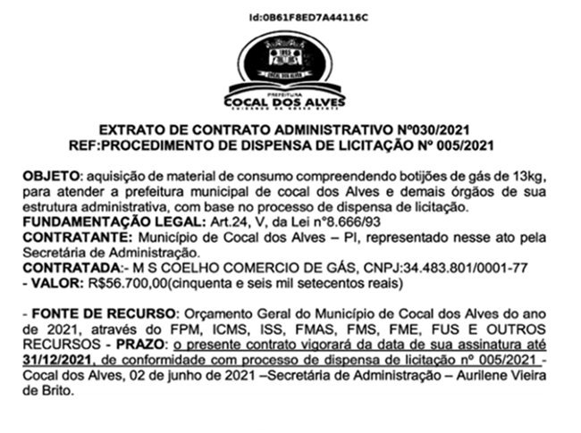 Contrato firmado pela Prefeitura de Cocal dos Alves.