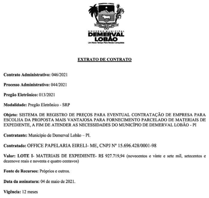 Contrato firmado pela Prefeitura de Demerval Lobão.