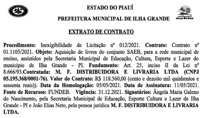 Contrato firmado pela Prefeitura de Ilha Grande.
