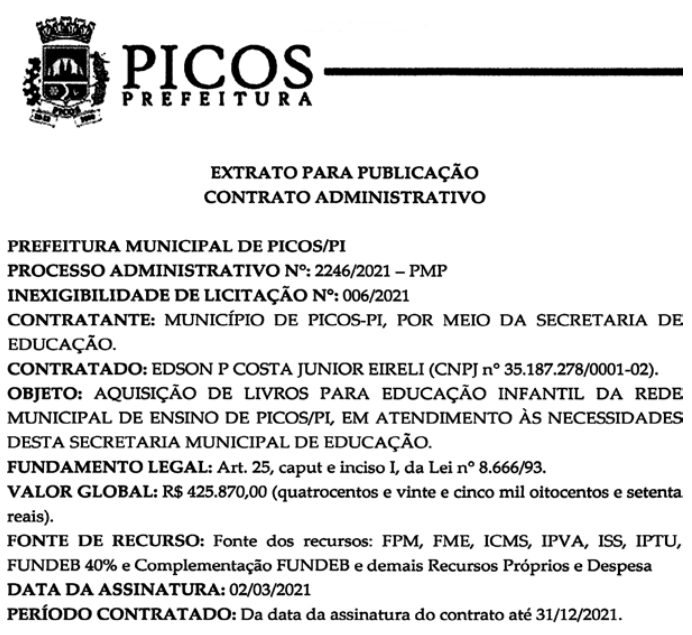 Contrato firmado pela Prefeitura de Picos para aquisição de livros.