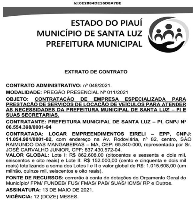 Contrato firmado pela Prefeitura de Santa Luz.