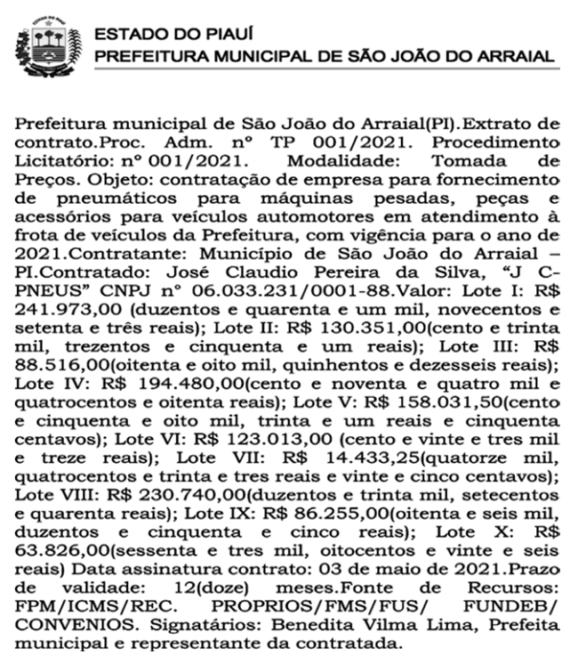 Contrato firmado pela Prefeitura de São João do Arraial com a empresa J C Pneus.