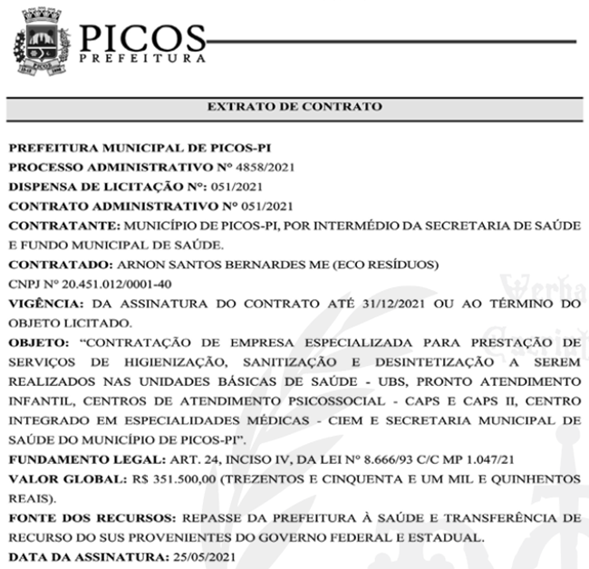 Contrato firmado pela Prefeitura de Picos com a empresa Arnon Santos Bernardes ME.