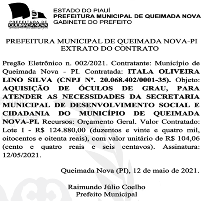 Contrato firmado pela Prefeitura de Queimada Nova com a Óptica Contato.