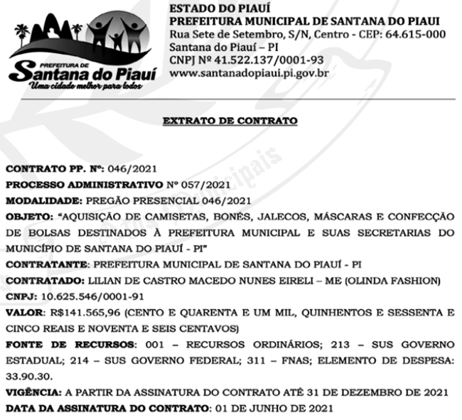Contrato firmado pela Prefeitura de Santana do Piauí com a empresa Olinda Fashion.