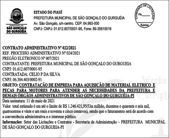 Contrato firmado pela Prefeitura de São Gonçalo do Gurgueia.